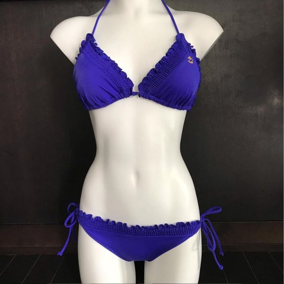 billabong solid deep blue ruffle top bikini - Picture 2 of 8